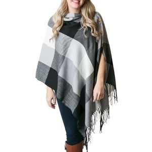 Black and White Plaid Fringe Poncho Shawl Scarf